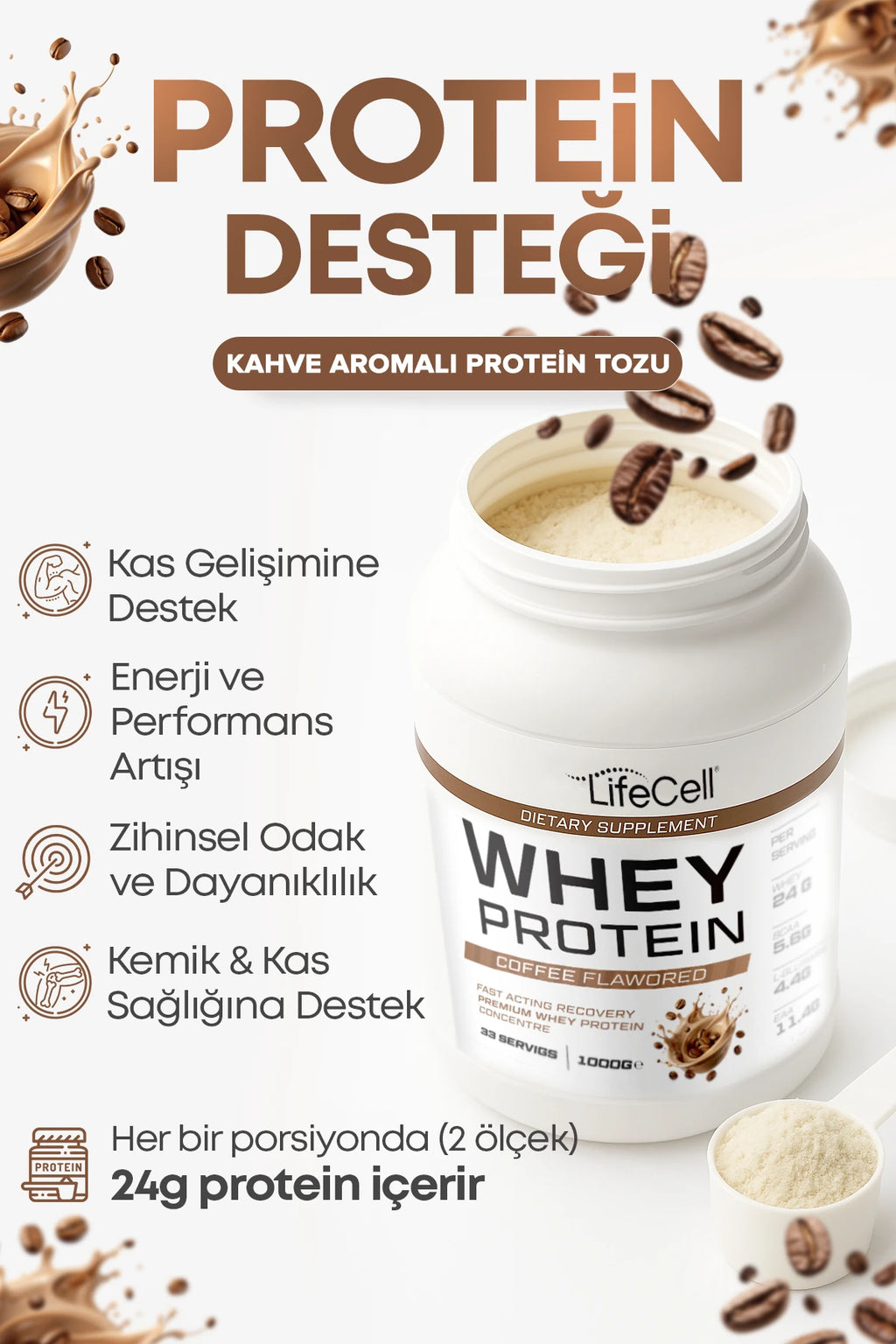WHEY PROTEİN TOZU | KAHVE AROMALI | 33 SERVİS - 1000g