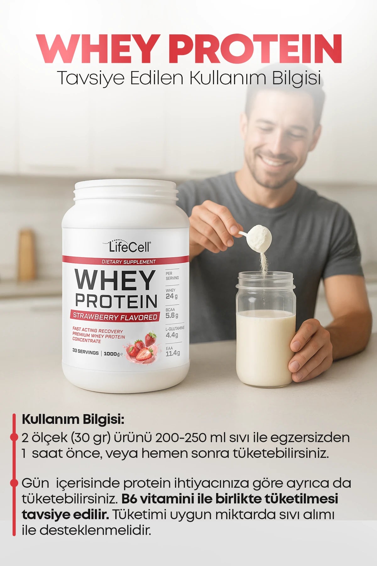 WHEY PROTEİN TOZU | ÇİLEK AROMALI | 33 SERVİS - 1000g