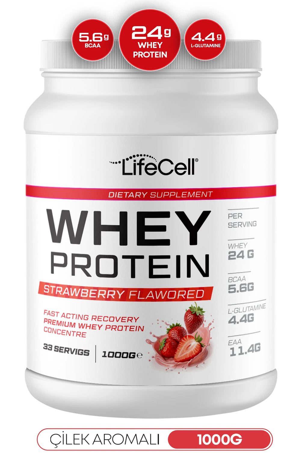 WHEY PROTEİN TOZU | ÇİLEK AROMALI | 33 SERVİS - 1000g