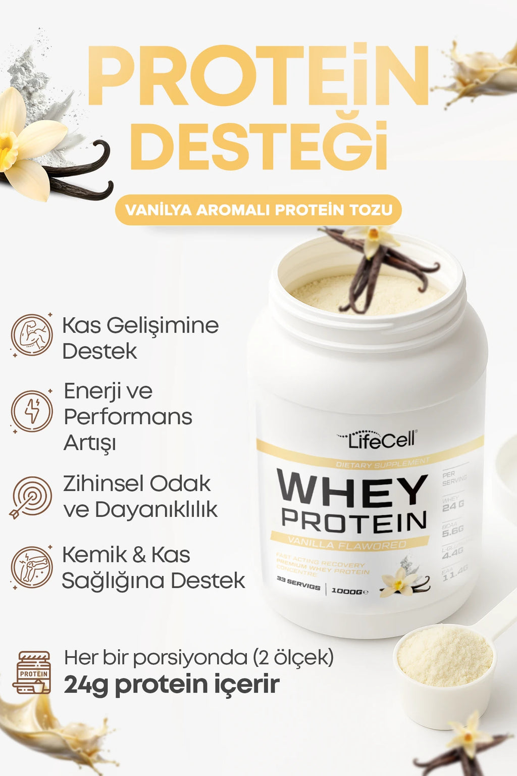 WHEY PROTEİN TOZU | VANİLYA AROMALI | 33 SERVİS - 1000g