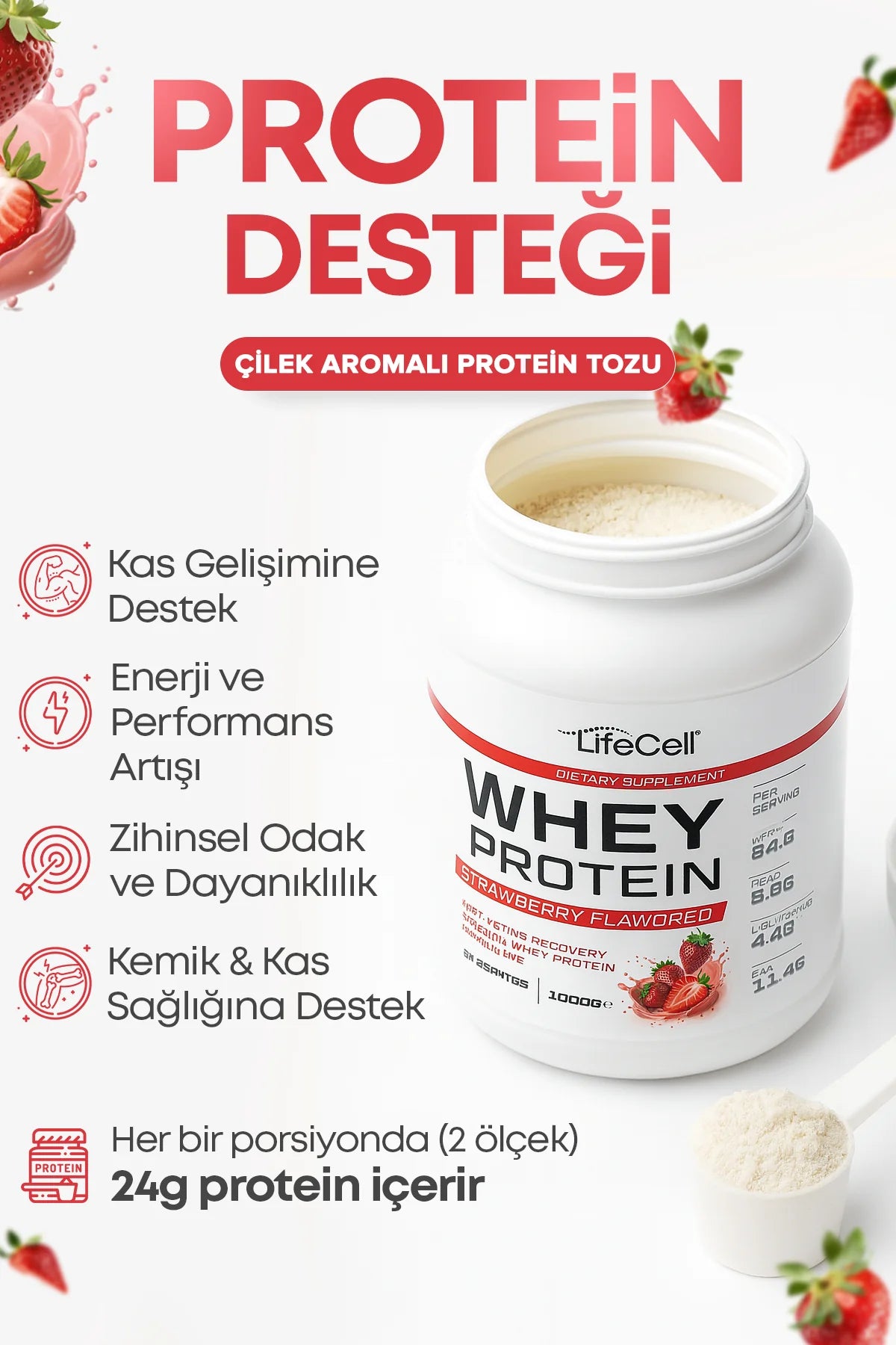 WHEY PROTEİN TOZU | ÇİLEK AROMALI | 33 SERVİS - 1000g