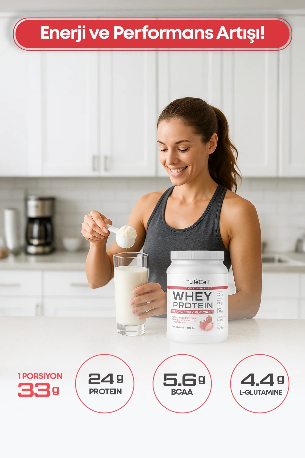 WHEY PROTEİN TOZU | ÇİLEK AROMALI | 33 SERVİS - 1000g